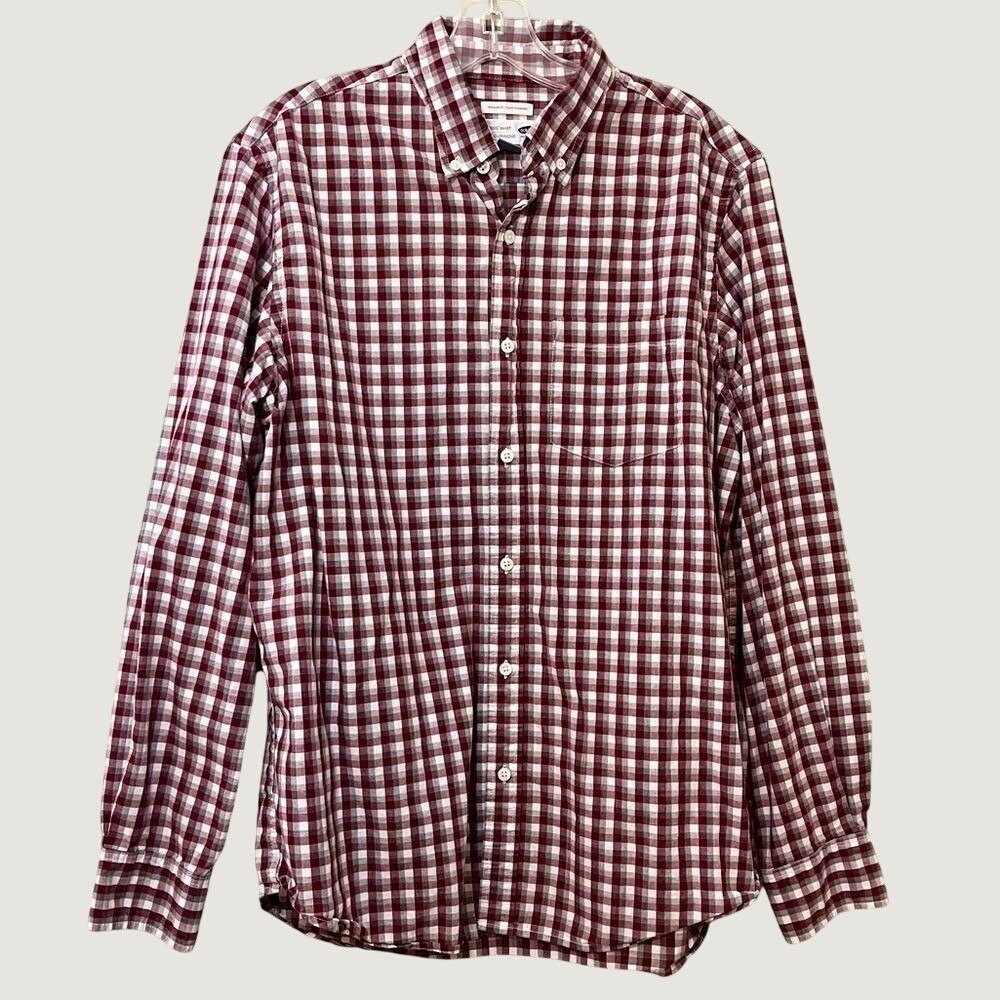 Old Navy Mens Large Burgundy Gingham Check Button Down Shirt Long Sleeves Preppy